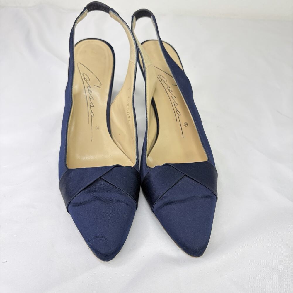 Caressa Vintage Satin Blue Sling Back Shoes Size 6-1/2 M, cocktail, party, chic